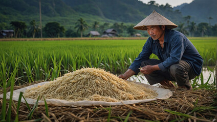 Asian farmer working in the rice fields and collects rice. Rice harvest.