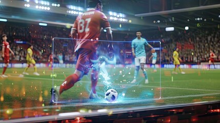 holographic display showing a replay of a controversial moment during a football match