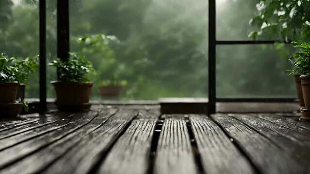 beautiful raining on terrace, ambient, 4k animated seamless loop, after raining effects video animation background, rain ambience, seamless ambience, 4k raining ambience	