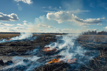 Fototapeta premium Intense Fire Burning in Field. Generative AI