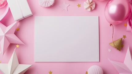White card blank with place for text on a pink background with congratulatory gift boxes and stars. Copy space for romantic celebration