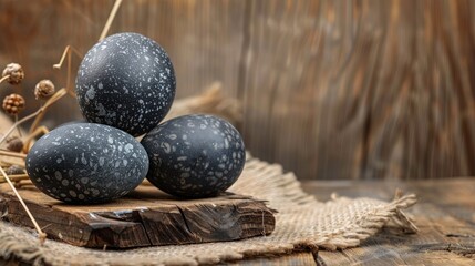 Preserved duck eggs or century egg on wooden backdrop