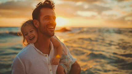 Fototapeta premium Father giving piggyback ride to daughter at sunset on a beach.