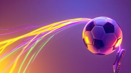 Soccer ball being kicked in mid-air with neon streaks trailing behind, set against a gradient background of purple and yellow