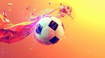 Soccer ball being kicked in mid-air with polygonal neon shapes and fluid elements, over a gradient orange to yellow background