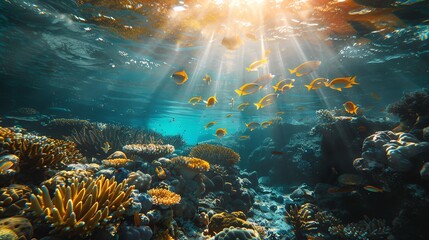 Obraz premium underwater scenery full of colorful fish and coral reefs.