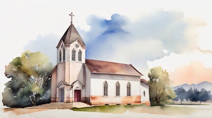 watercolor painting of old church 