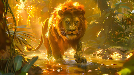 a lion lost in a well-lit forest walking