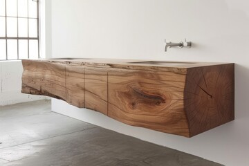 A floating vanity cabinet with integrated sink and minimalist faucet.