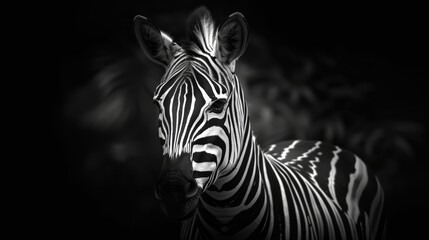  A monochrome image of a zebra gazing directly into the lens, backdrop of indistinct leaves softly blurred to the sides of its head