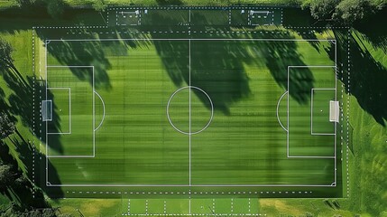 Soccer field from an aerial perspective, showing the complete field layout with accurate line markings