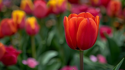 Fototapeta premium A tight shot of a red-yellow tulip amidst a sea of pink-yellow tulips; background softly blurred with similar hues