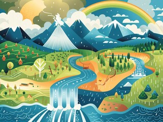 Naklejka premium A 4:3 Midjourney rendition of the water cycle in the style of a vintage scientific poster. Use bold colors and clear labeling to showcase the different stages.