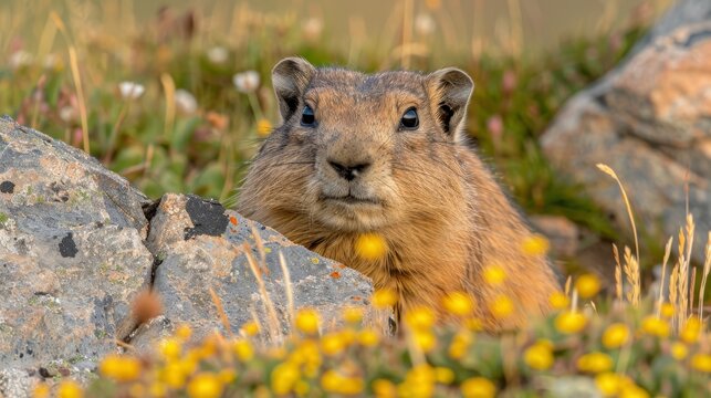  A rodent up close in a grassy field, flowers surrounding, rock in foreground, yellow bloom at the center