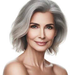 Fototapeta premium Beautiful gorgeous 50s mid aged mature woman isolated on white background. Natural beauty and aging, healthy glowing skin care beauty, skincare cosmetics concept