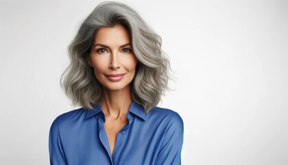 Obraz premium Beautiful gorgeous 50s mid aged mature woman isolated on white background. Natural beauty and aging, healthy glowing skin care beauty, skincare cosmetics concept