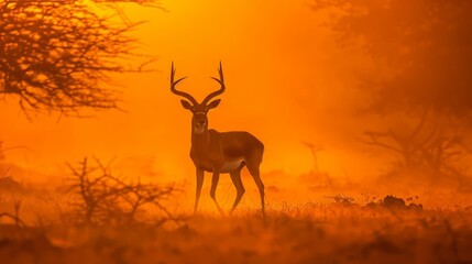  A deer stands in a field, flanked bytrees, as the sun sets, casting a yellow and orange huesky