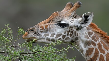 Fototapeta premium A tight shot of a giraffe plucking leaves from a tree, its reflection in the clear eyes Another giraffe stands at a distance in the foreground Blurred background trees