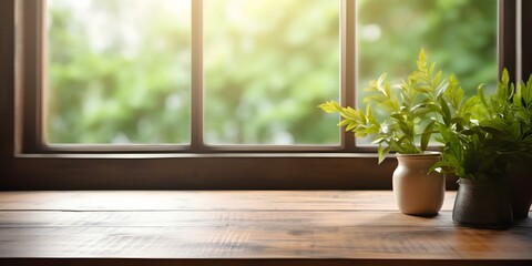 Fototapeta premium Blurred window sill background with wooden table for product montage. Concept Product Montage, Blurred Background, Wooden Table, Window Sill, Montage Setting