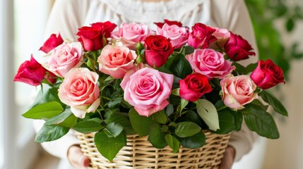  A person holds a basket filled with pink and red roses on a windowsill In the foreground, a green leafy bush frames the scene