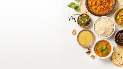 Frame of india food on white background with text space, Photo shot, Natural light day.