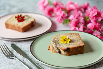 Traditional homemade bakery, closed up banana bread on plates as dessert for cafe