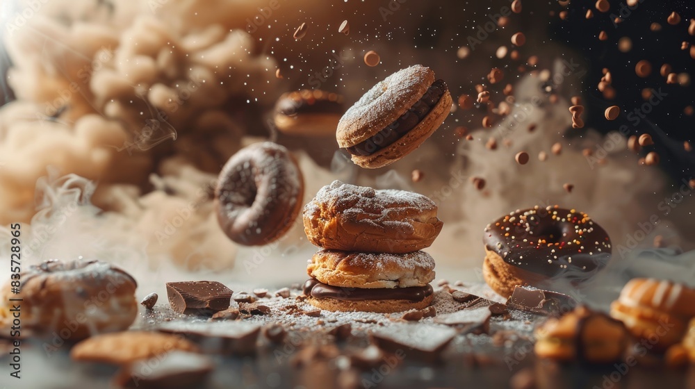 Wall mural pastries and chocolate levitating in a creative, smoky backdrop, text space