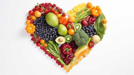 Heart shape from clean fruit and vegetable, Nutrition food for heart recommended by doctor on white background, Text space, Photo shot.