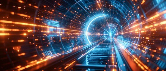 Fototapeta premium High-tech tunnel with blue and orange neon lights, symbolizing advanced technology and data transfer
