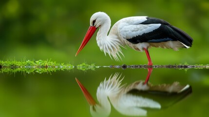  A white-black bird with a lengthy red beak stands on a branch overhanging a body of water The foreground features grass and plants, while the backdrop consists of l