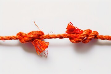 Close-up of frayed orange rope with knots. The bright orange rope shows signs of wear. Conceptual image for strength and endurance. High contrast style. Generative AI