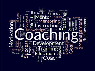 Coaching word cloud template. Support concept vector tagcloud background.