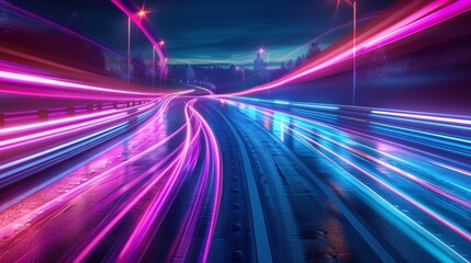 Obraz premium Futuristic racing track with neon lights, emphasizing speed and high-tech competition
