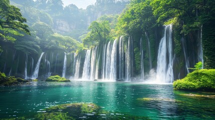 Environmental protection Majestic waterfall surrounded by lush greenery
