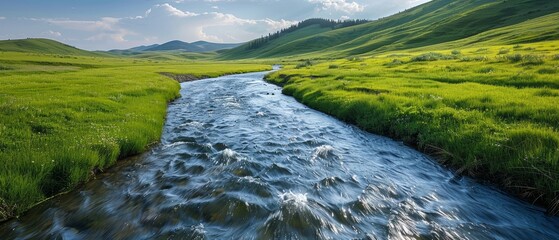 Clean water initiatives Crystal-clear river flowing through a green landscape