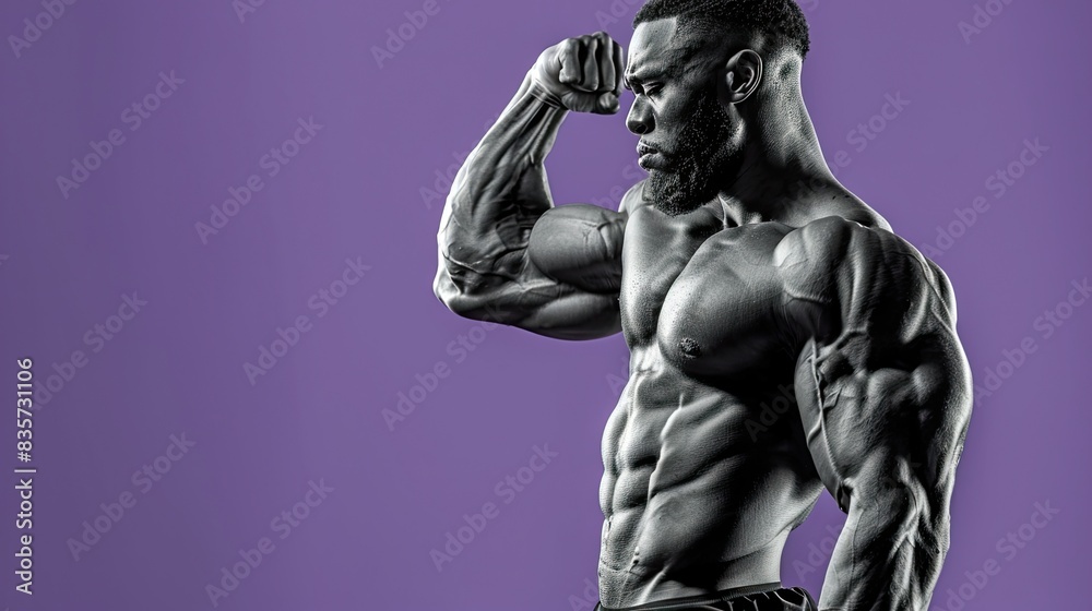 Wall mural black and white male fitness model with lean muscle making a bold pose on a violet background - Wall murals