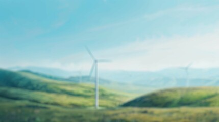 Blur background of wind turbine on hill overlooking green valley with blue sky. Landscape...