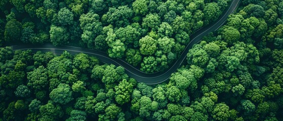 Aerial perspective of a road through a dense green forest, sustainability focus