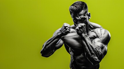 black and white male fitness model with lean muscle making a fierce pose on a lime green background