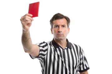 the referee in black holds up a red card isolated on background