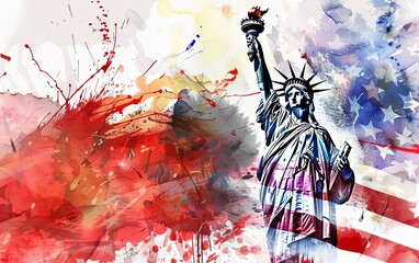 Tilted angle view, double exposure, American flag merging with Statue of Liberty, rich Fourth of July hues, watercolor technique, dynamic brushstrokes, festive and patriotic scene