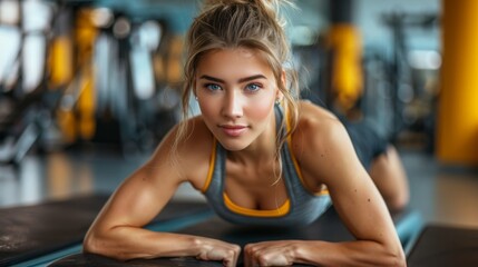 Fototapeta premium A beautiful young woman lies on the gym floor before a line of dumbbells One hand touches the ground, while her expressive eyes meet the camera's gaze