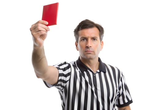 the referee in black holds up a red card isolated on background