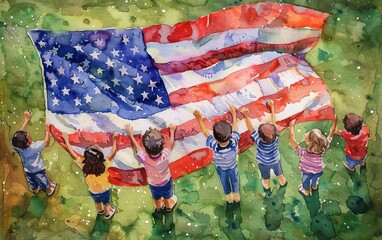 Top-down view of children holding large USA flag in a park, family picnic scenes, vibrant summer colors, soft watercolor painting, capturing joy and patriotism