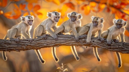  A group of monkeys atop an orange-leafed branch, some monkeys sit on the tree limb