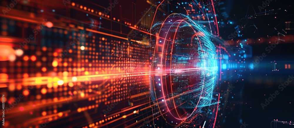 Poster Futuristic cyber tech digital data globe with glowing binary lines, modern technology background.