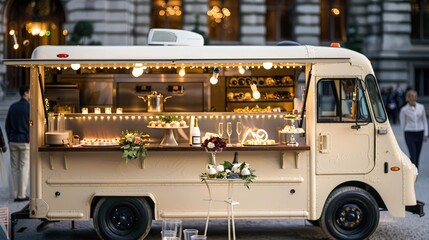 Cream food truck with classic decor serving luxurious appetizers and champagne at an elegant wedding venue in the city