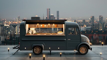Dark gray food truck at a stylish city wedding, equipped with a minimalist interior for gourmet service, parked against an urban backdrop