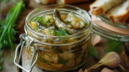 Smoked sprats with chive and bread served from a jar