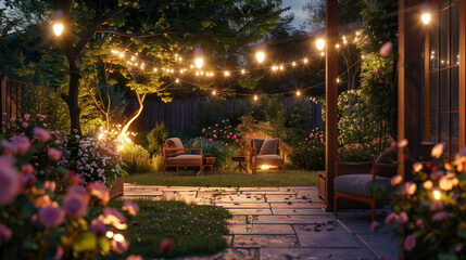 Obraz premium design beautiful cozy backyard with hanging lamps and summer outdoor furniture. Patio under the trees with light bulbs in garden in natural style with blooming bush roses in the evening